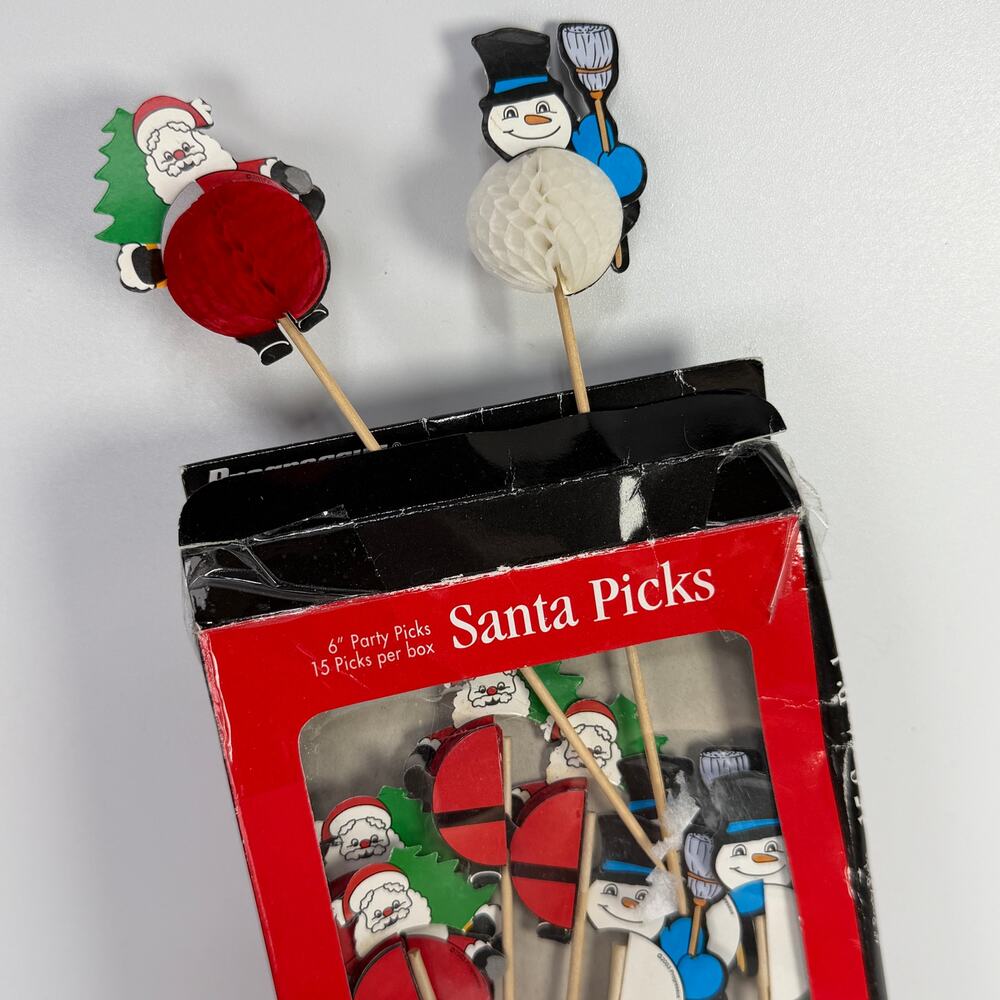 10 Vtg Honeycomb Christmas Party Picks Snowman Santa Paper Kitsch 6"